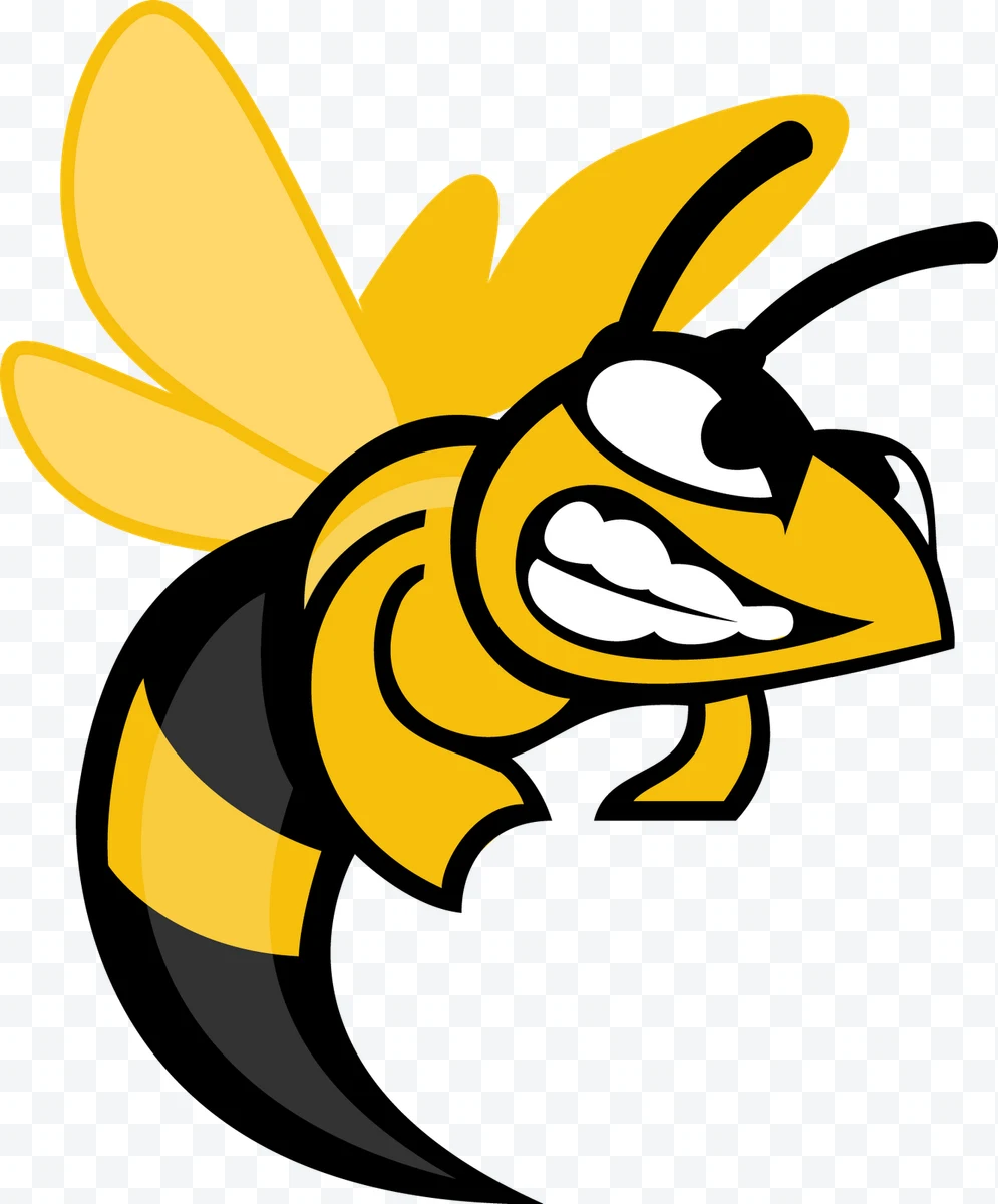 Aggressive yellow and black cartoon bee with clenched teeth and wings