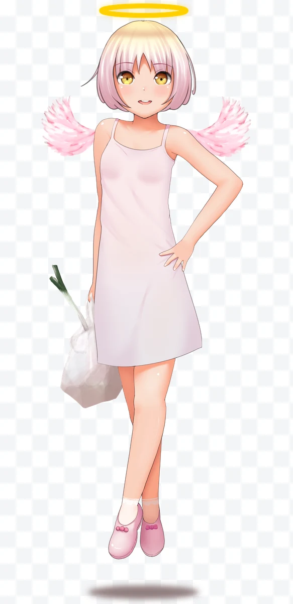 Anime angel with yellow halo, pink wings, white dress, and pink shoes