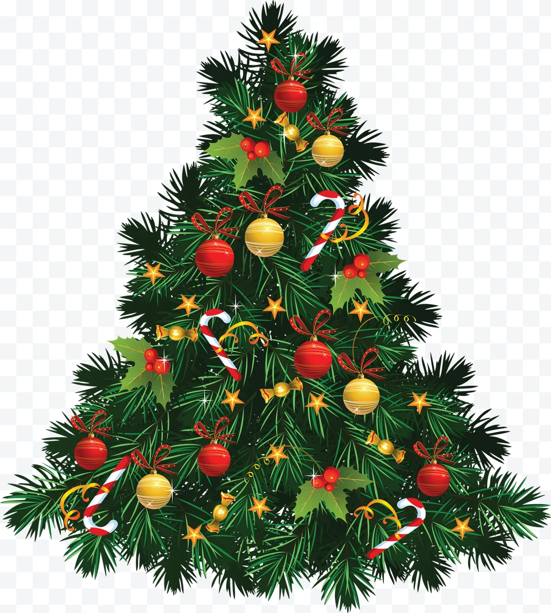 Christmas tree decorated with red and gold balls, candy canes, and