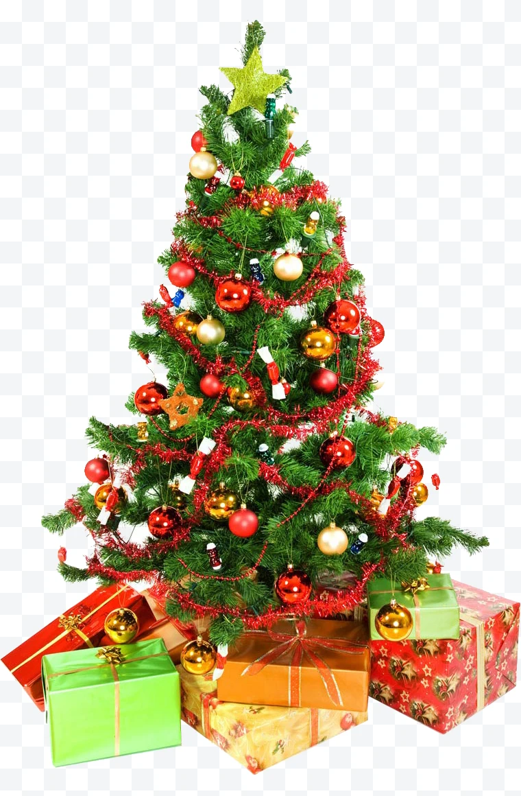 Christmas tree decorated with red and gold ornaments and wrapped gifts.