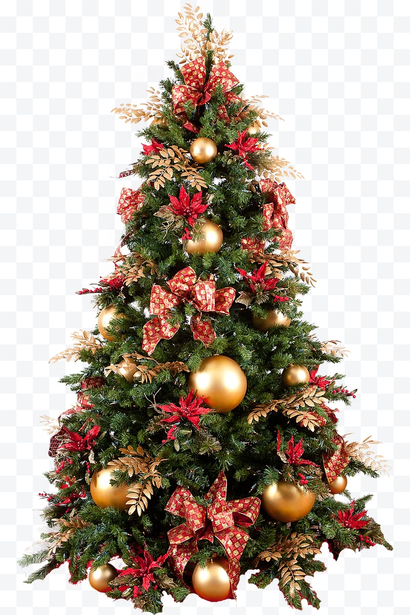 Christmas tree decorated with golden baubles, red bows, and red flowers