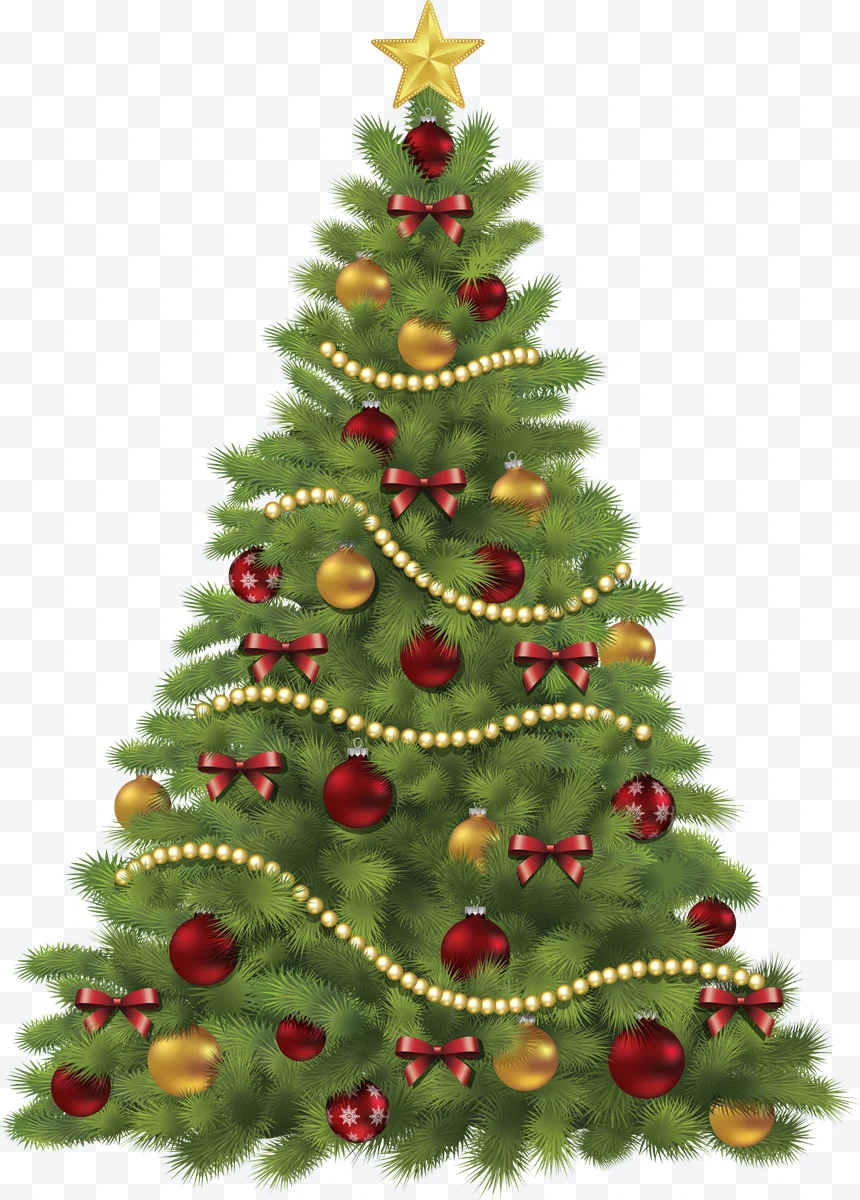 Green Christmas tree with red and golden decorations and golden star on top