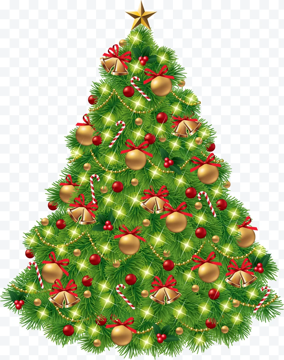 Christmas tree decorated with lights, golden and red baubles, red bows, and
