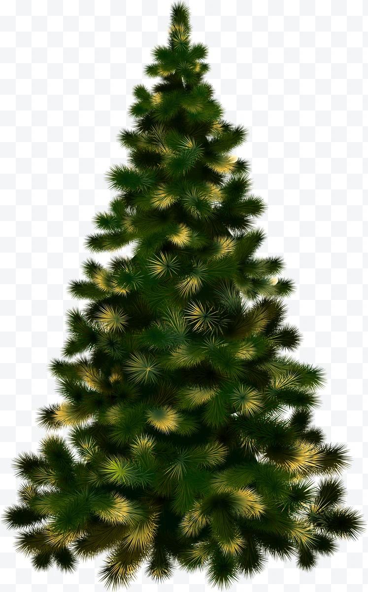 Green Christmas tree with yellow lights on a white background