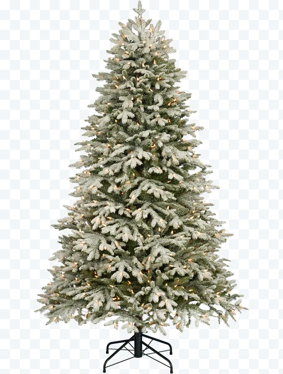 Snowy artificial Christmas tree with lights on and black metal base