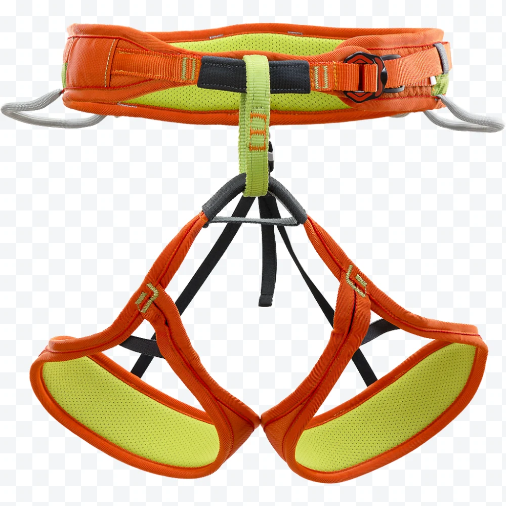 Orange climbing harness with green padding seen from the front