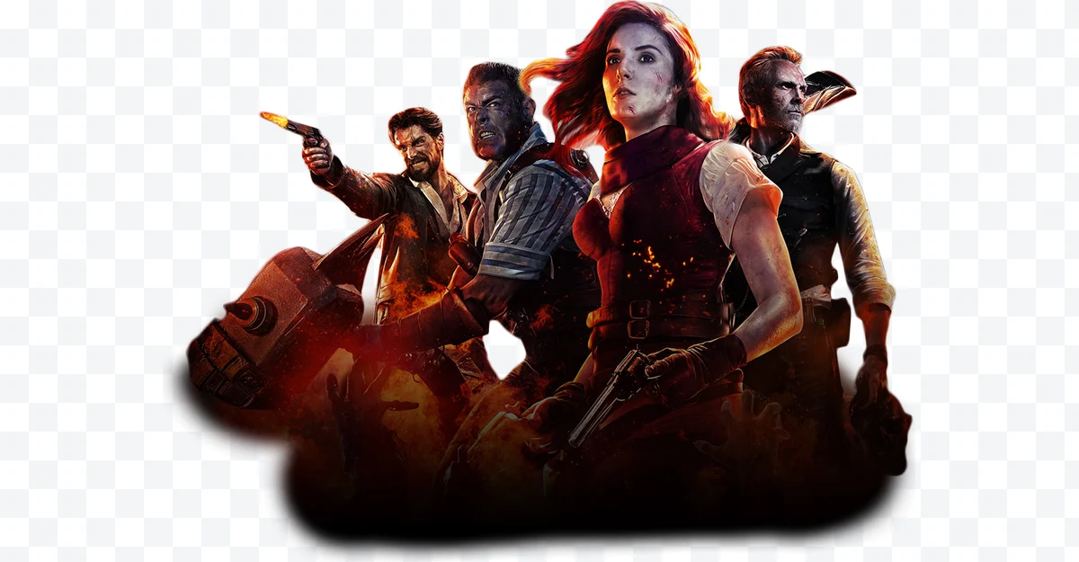 Four Back 4 Blood characters armed with pistols and axes with effects of