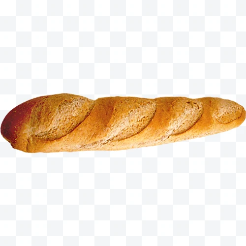 Whole baguette with golden crust on white background