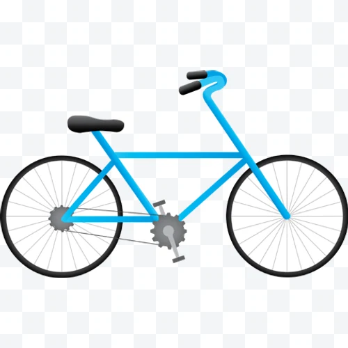 Blue bicycle with curved handlebar, black seat, and thin wheels.