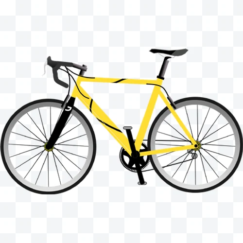 Yellow road bike with triangular frame and curved handlebars