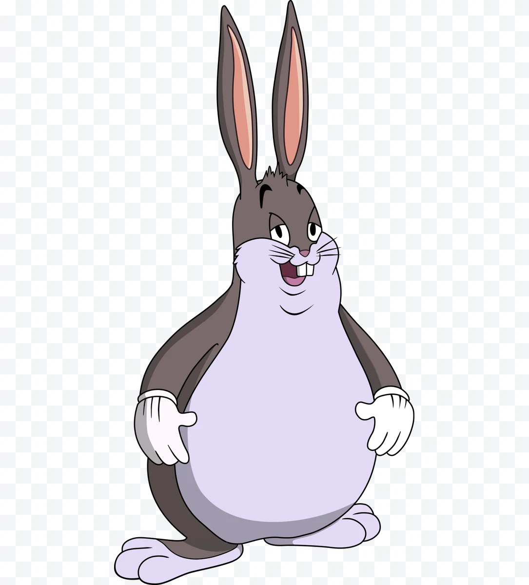 Big Chungus, gray and purple cartoon character with white gloves