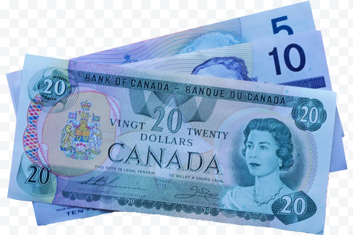 Stacked Canadian 5, 10, and 20 dollar banknotes showing portrait and coat of arm