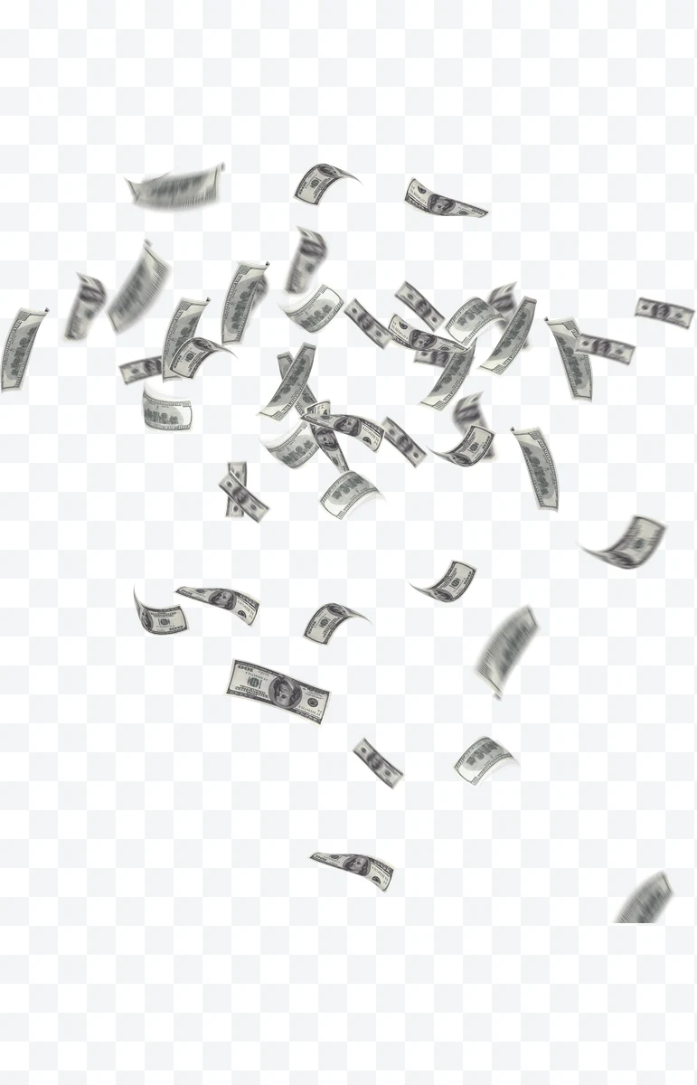 Dollar bills falling on a white background.