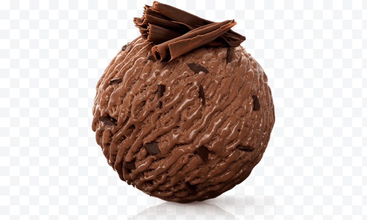 Chocolate ice cream scoop with sprinkles and chocolate curls on a white backgrou