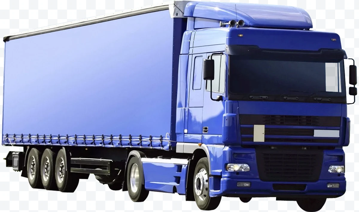 Blue cargo truck with closed trailer seen from front and right side.