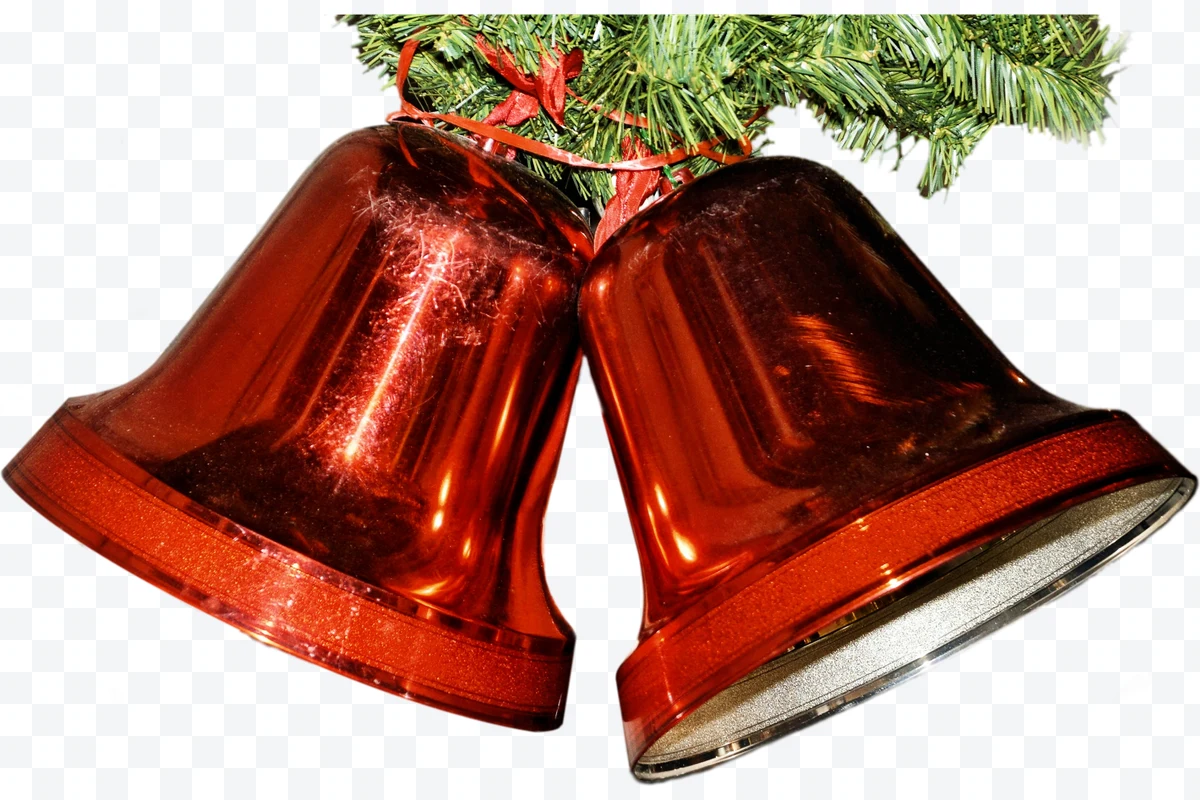 Metallic red Christmas bells with red ribbon and green pine branches