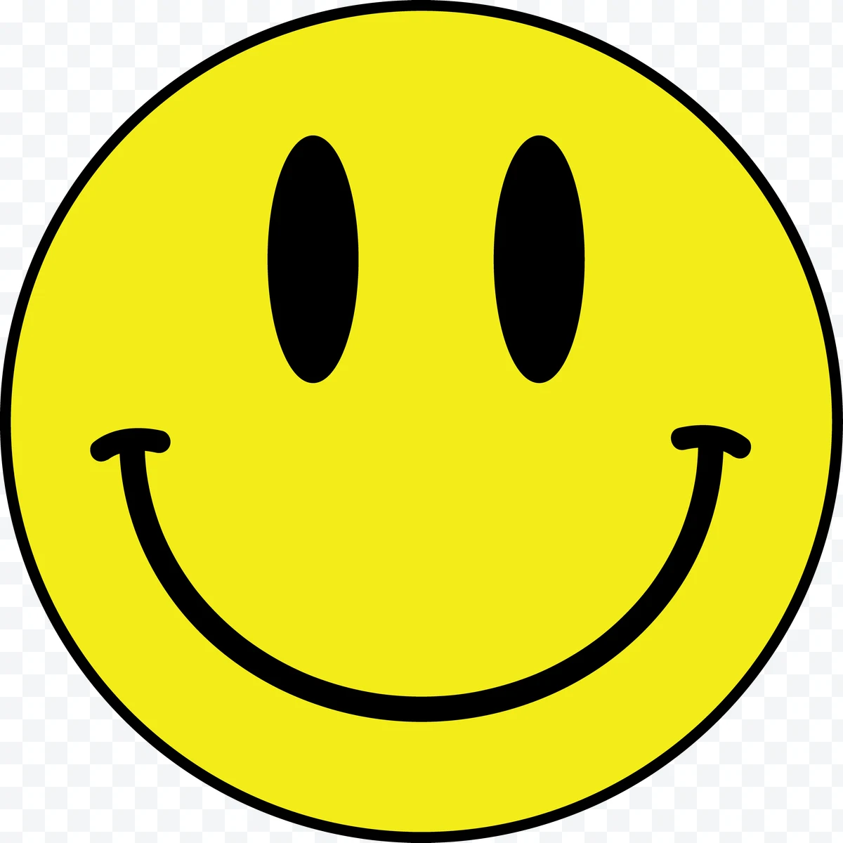 Yellow smiling face with black oval eyes and black border.