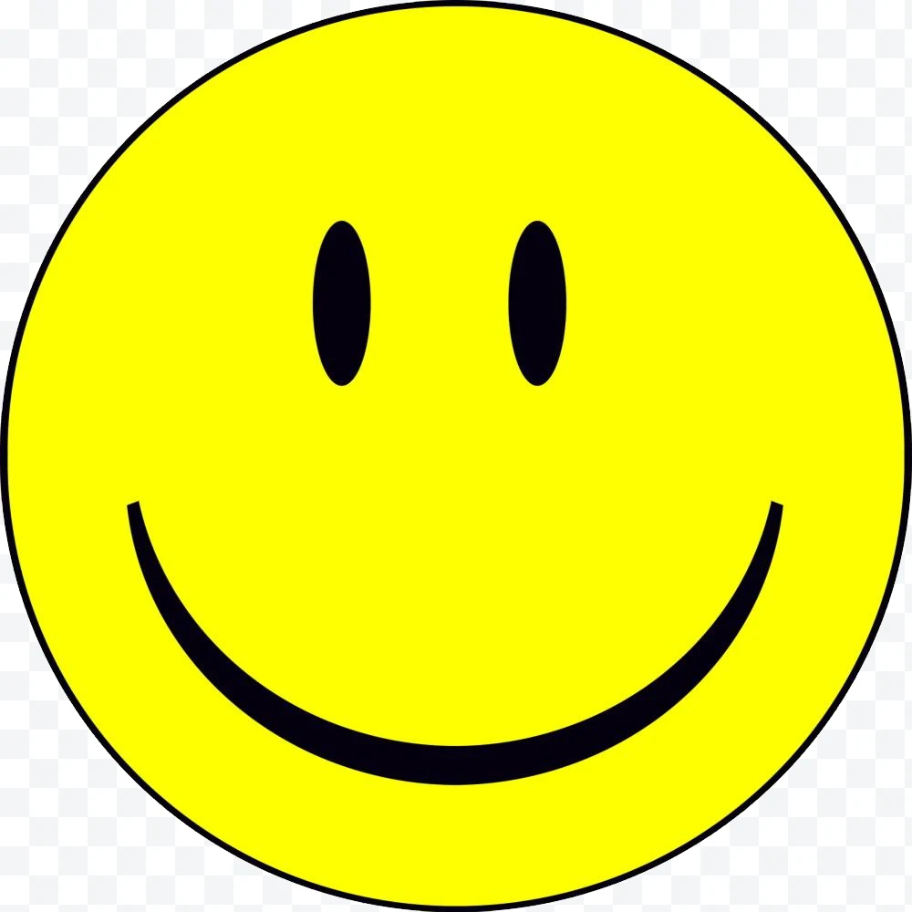 Yellow smiling face with black oval eyes and black smiling mouth