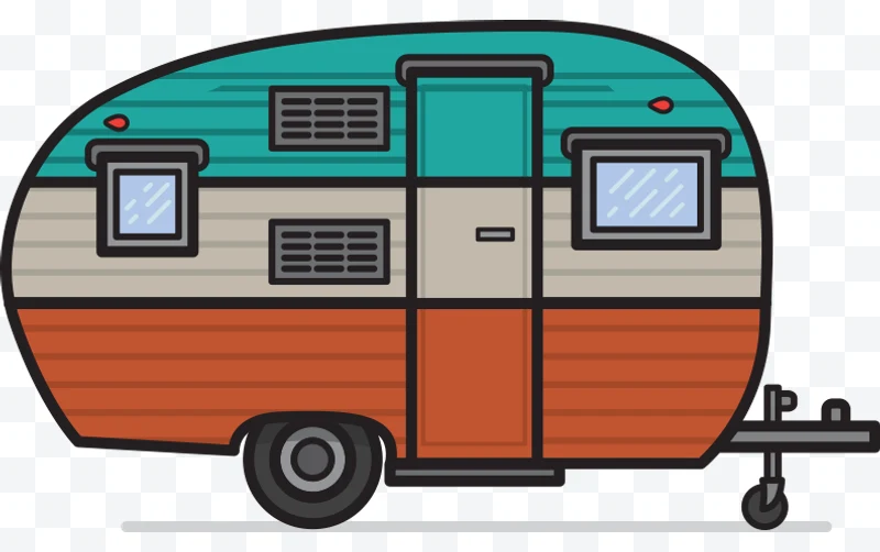 Vintage caravan with turquoise, beige and orange stripes and windows