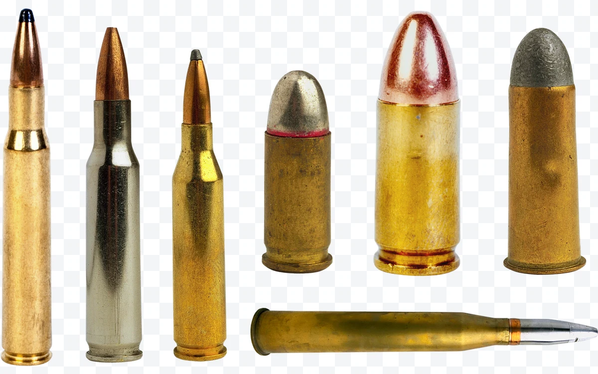 Metallic ammunition cartridges of different calibers lined up on a background