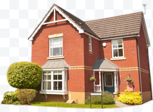 Red brick house with gable roof, white windows, and green door