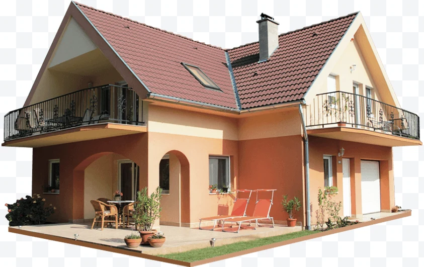 Two-story residential house with terrace and peach-colored gable roof