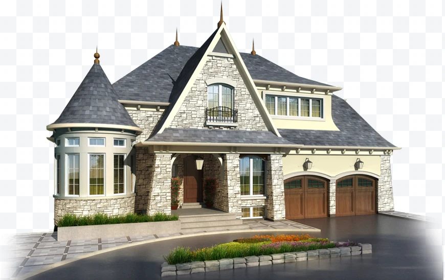 Residential house with stone facade, gray roof, and double wooden garage