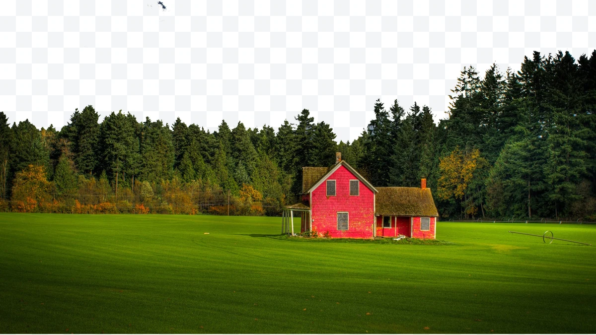 Red house in green field