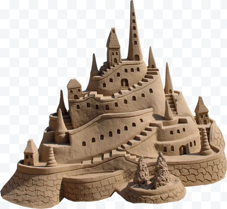 Detailed sandcastle with stairs and pointed towers