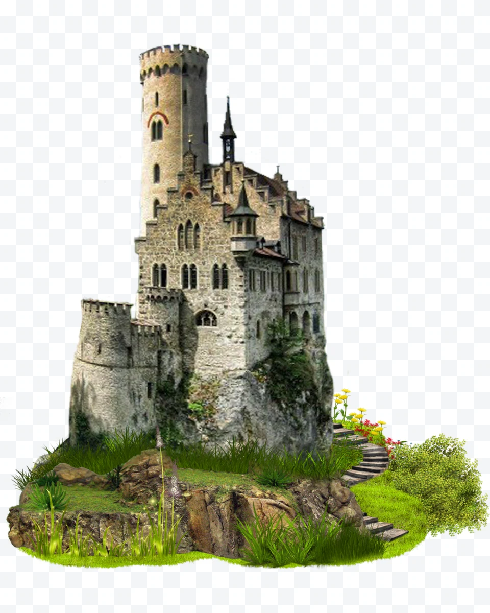 Stone medieval castle with round tower and exterior stairs surrounded by