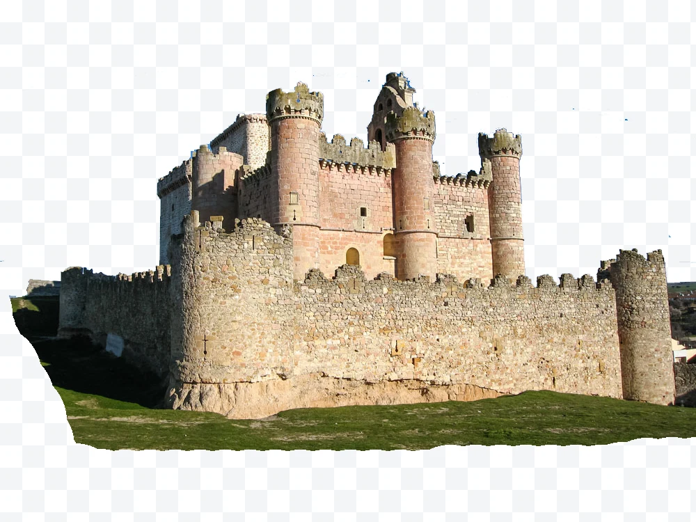 Medieval castle with stone towers and walls seen from outside