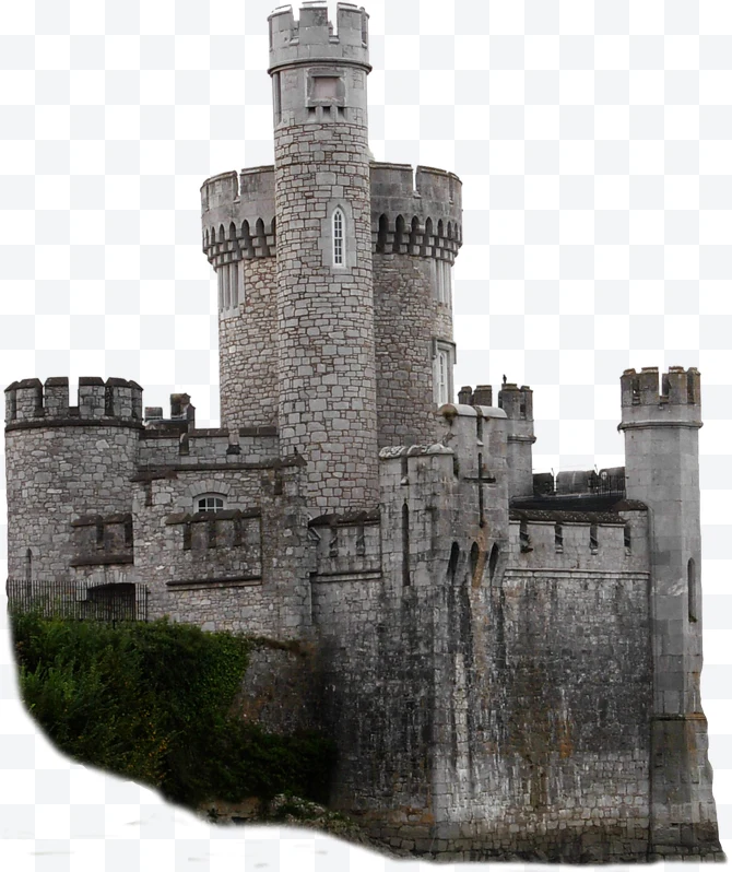 Stone castle with round towers and small windows