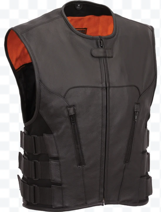 Black leather vest with orange lining