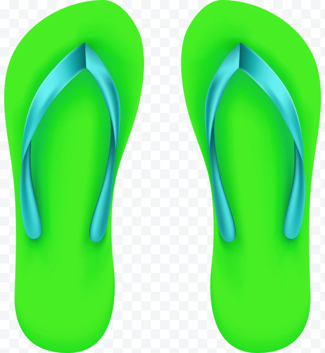 Green flip-flops with blue straps viewed from above