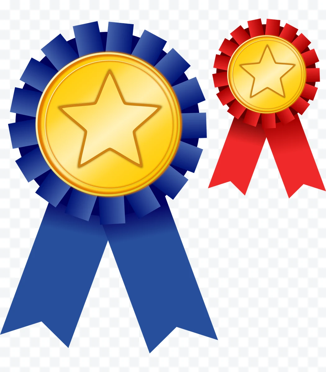 Award ribbons with golden star and blue and red bows