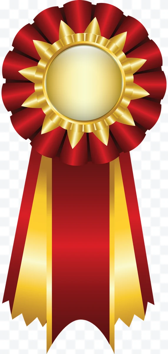 Red and gold award ribbon with gold circular center and hanging ribbons