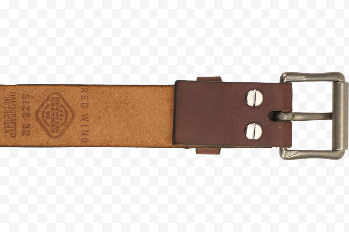 Red Wing brown leather belt with metal buckle and silver screws