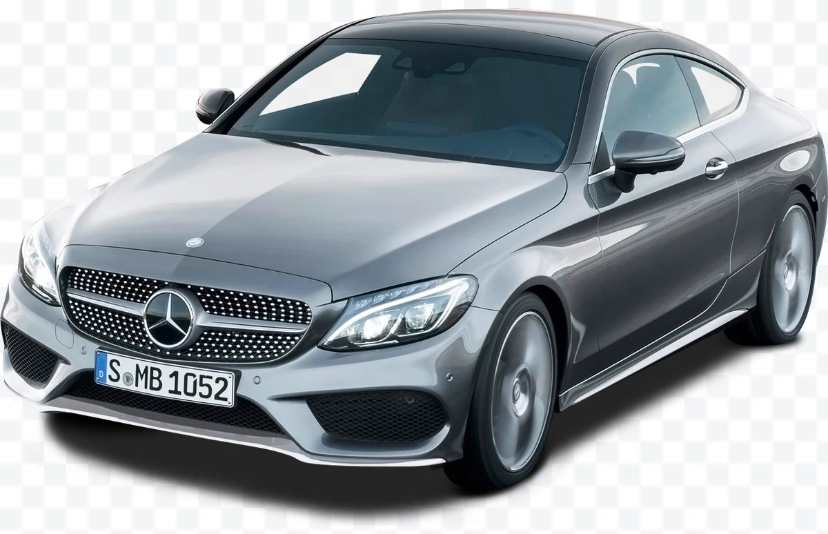 Gray Mercedes-Benz coupe car seen from the front