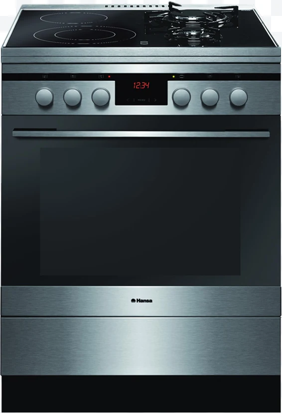 Hansa stainless steel stove with oven and digital range with six knobs