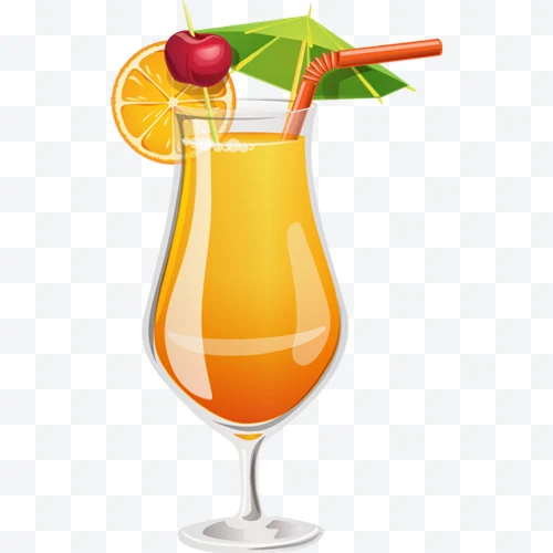 Orange juice cocktail in glass with orange slice, cherry, and umbrella