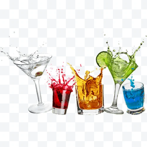 Glasses with colorful cocktails with liquid splashes, lime, and