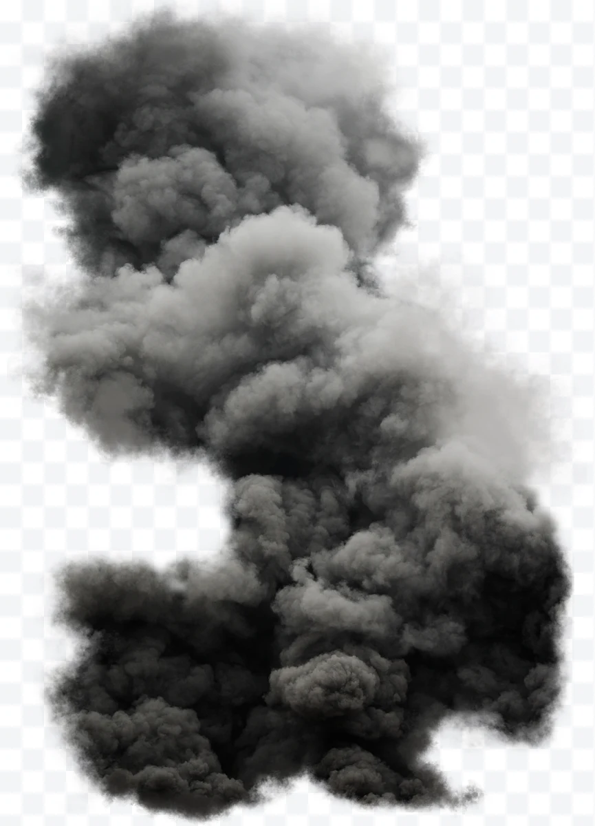 Thick large black smoke column on a transparent background
