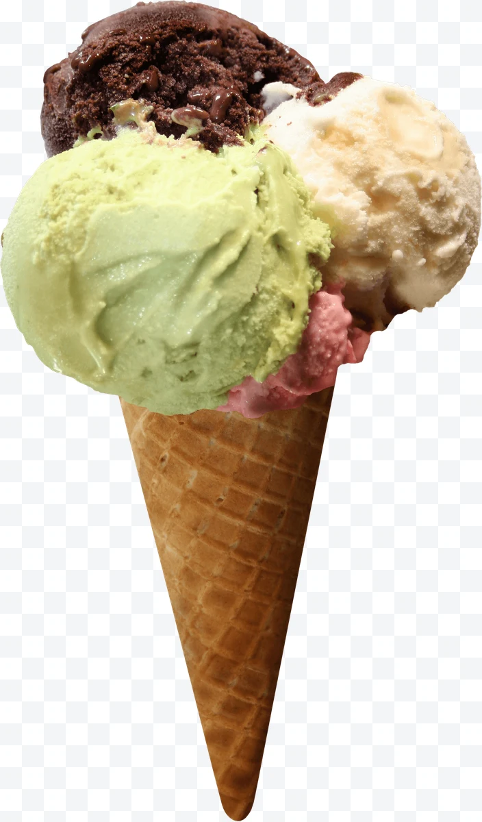 Ice cream cone with four scoops of various flavors