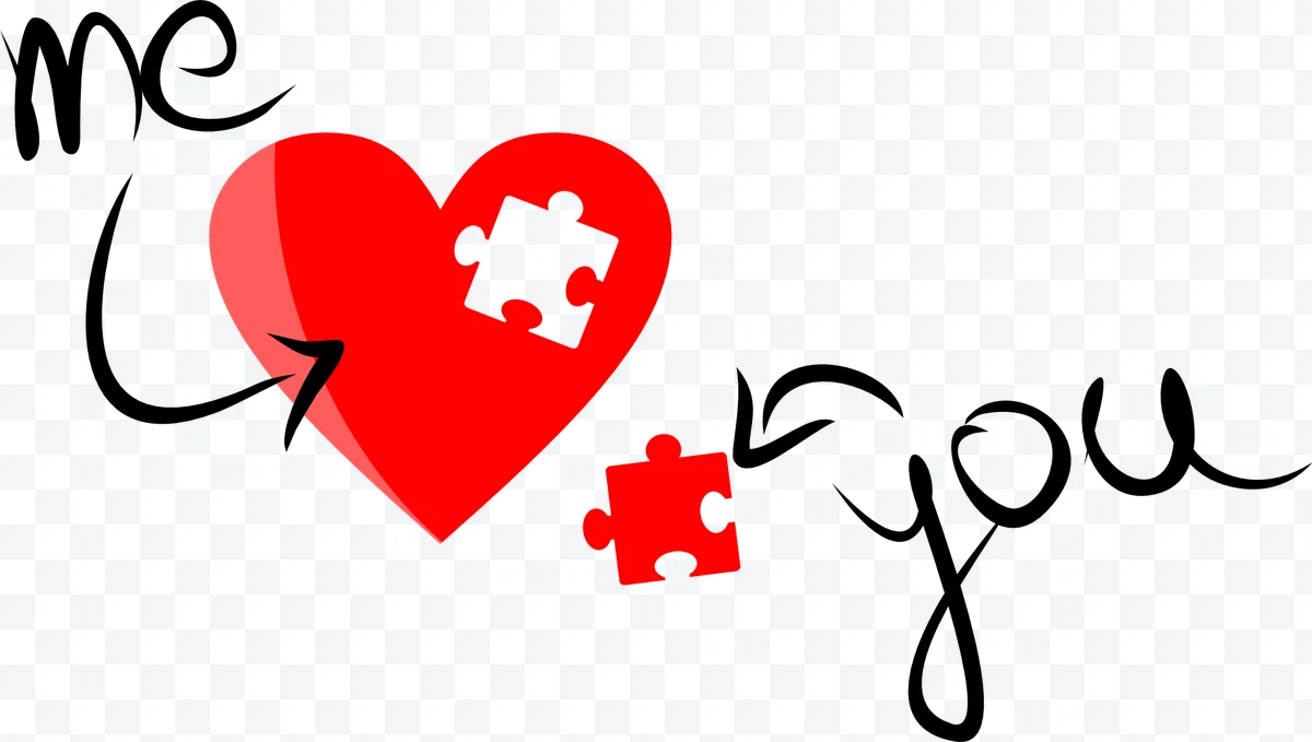Heart with puzzle pieces and text "me love you"