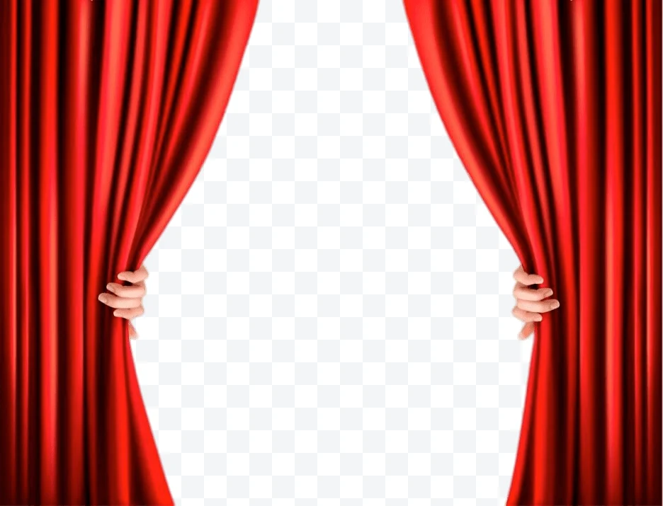 Red curtains open with hands