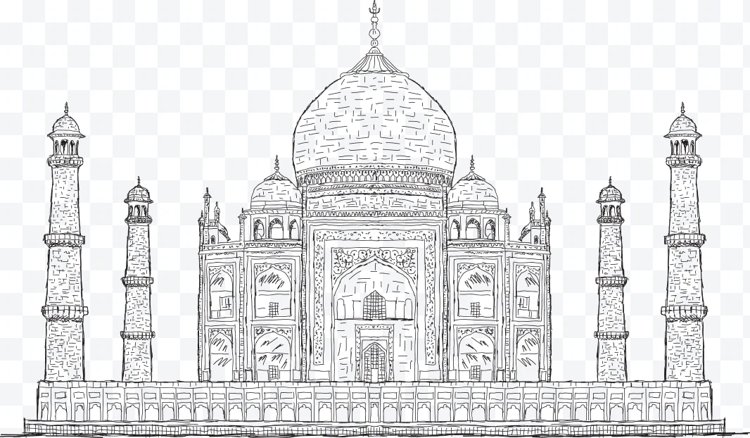 Line drawing of the Taj Mahal with domes and minarets