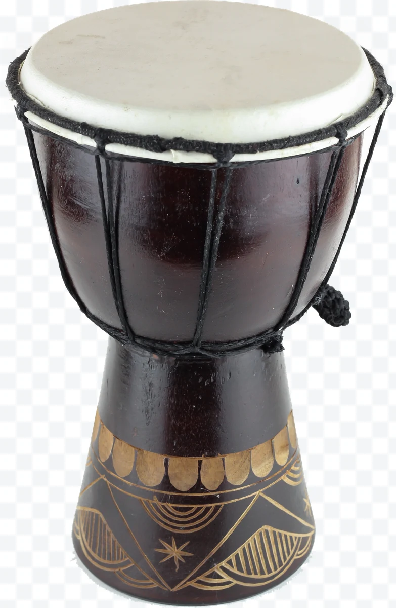 Dark wood djembe with white head and golden decoration.