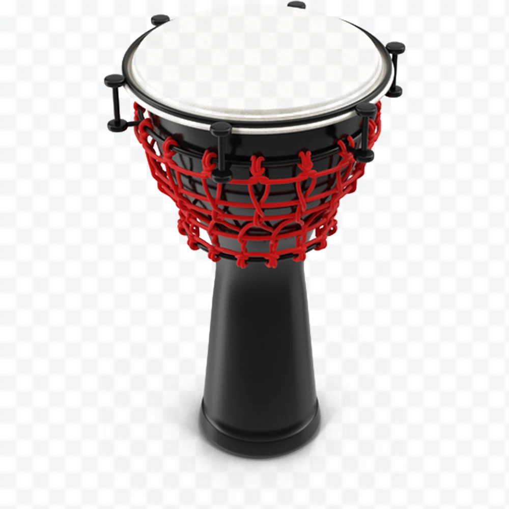 Black djembe with red rope and white drumhead