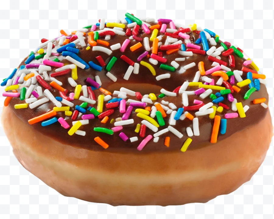 Donut with chocolate glaze and colored sprinkles on a white background