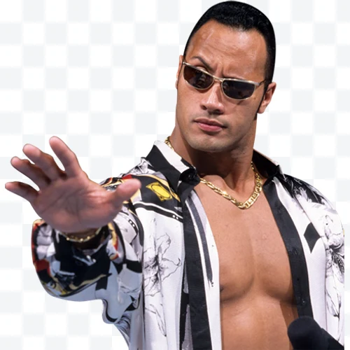 Dwayne Johnson with sunglasses and open floral patterned shirt extending hand